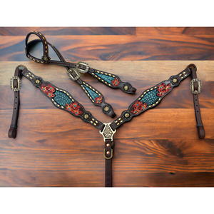 Juego de cabezada, pechopetral y riendas de cuero genuino duradero con diseño de cesta tejida, conchos y colores personalizados para equitación western, ranch y senderismo. - Product Image 1