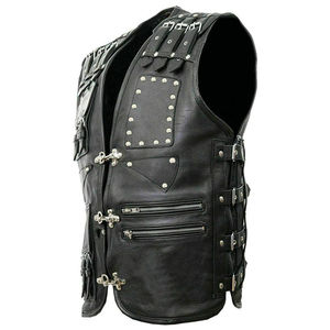 Gilet moto en cuir véritable pour homme avec rivets décoratifs, fermeture à ceinture, sans col, couleur unie, vêtement d'extérieur d'automne, gilet en cuir en gros - Product Image 5
