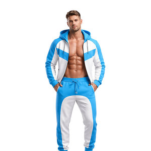 Conjunto de chándal azul y blanco con contraste para hombre – Sudadera con capucha y cremallera y pantalones jogger, ropa deportiva ajustada para gimnasio, conjunto informal para fitness - Product Image 1