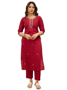 Conjunto de 3 piezas de salwar kameez tradicional para mujer, de seda romana, corte ajustado, kurta recta hasta la rodilla, pantalón y dupatta de chanderi, estilo indio-pakistaní. - Product Image 2