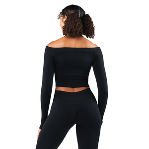 Haut court noir extensible sans coutures à épaules dénudées et manches longues pour femme, idéal pour la gym, le yoga, l'entraînement, le fitness et les tenues athleisure - Product Image 3