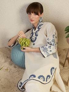 Conjunto de Kurta y Pantalón de Algodón Blanco Bordado Tradicional para Mujer, Corte Regular, Estilo Casual de India y Pakistán - Product Image 4