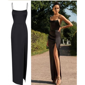 Robe longue en satin à col bénitier avec fente latérale haute - Product Image 1