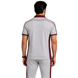 Polo homme gris clair premium avec col contrastant bordeaux, empiècements aux épaules et sur les manches, broderie de logo personnalisée, manches courtes - Product Image 2