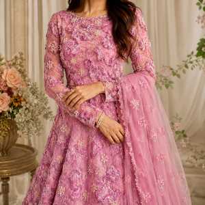 Nuevo Conjunto de Traje Anarkali Rosa con Bordado Floral 3D, Diseño de Diseñador, Dupatta de Tela de Red con Cuentas, Estilo Formal Indio - Product Image 2