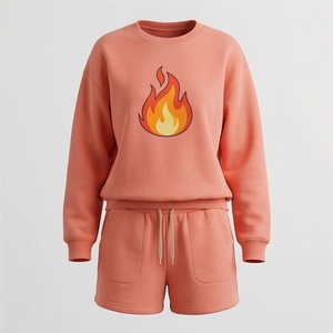 Women's 2 Piece Fleece Sweatshirt Shorts Set With <b>Flame</b> Print Crew Neck Loose Fit Casual Wear Spring Summer Above Knee Length - Product Image 1