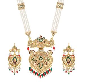 Collar largo de aleación chapado en oro indio con diseño de moneda, conjunto de pendientes, joyería étnica para mujer, diseño Rani Haar dorado para boda - Product Image 2