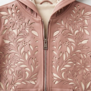 Pink Embossed Floral Hooded PU Leather <b>Jacket</b> With Zipper Closure Casual Unisex Style Autumn Wear - Product Image 6