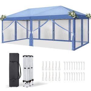 Tenda a Baldacchino Istantanea Blu 10x20 ft con 6 Pannelli in Rete, 2 Porte, 4 Lati in Rete, Telaio in Ferro Verniciato a Polvere, Gambe 28/22mm, 10-20m - Product Image 3