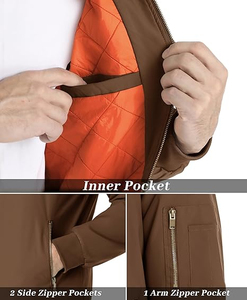 Men's Brown Bomber Jacket <b>Zip</b> Front Casual Solid Color Polyester Wadding Autumn Wear Regular Fit Turn-down Collar - Product Image 2