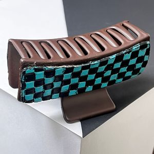 Pinza de Pelo Grande de Cuero Genuino Hecha a Mano de Primera Calidad, con Diseño a Cuadros en Turquesa y Negro, para Mujer - Product Image 4