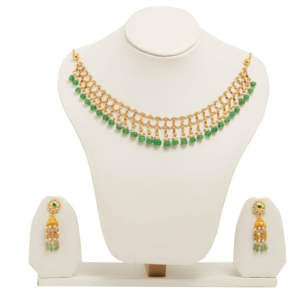 Gold Plated Green Beads <b>Necklace</b> Set With <b>Pearl</b> Chain <b>And</b> Matching <b>Earrings</b> Traditional Party Wear Jewelry - Product Image 1
