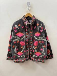 Custom Hand Embroidered Charcoal Velvet Suzani Jacket Women Reversible Floral <b>Short</b> Coat Wholesale Ethnic Boho Outerwear - Product Image 2