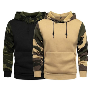Sweat-shirt à capuche vert olive avec manches camouflage et poche avant, coupe classique, style décontracté, vêtement d'automne - Product Image 2
