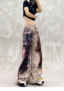 Jean baggy droit pour femme, motif éclaboussures de peinture, graphique artistique, cargo, style Y2K, streetwear oversize, été, devant plat, respirant, délavé - Product Image 4