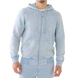 French Terry Heavyweight Rhinestones Blue Jeans Denim <b>Hoodie</b> With Zipper Up <b>Plain</b> RTS Outdoor Casual Hood Breathable Custom Logo - Product Image 1