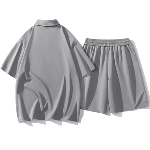 Men's Black Sporty Shirt Casual Set Summer Ice Silky Fiber Fabric Thin American-Style Lapel Short-Sleeve T-Shirt 2pcs Set Summer - Product Image 4