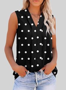 Chemisier décontracté en mousseline noir à pois sans manches et col en V pour femme, coupe classique - Product Image 2