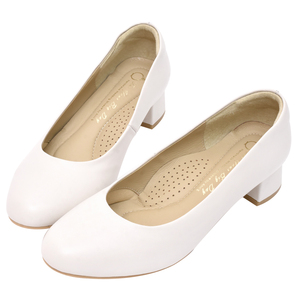 Ann'S Women Genuine Leather Round <b>Toe</b> Block Heel Pumps Breathable Slip-On Solid White Bridal Shoes - Product Image 1