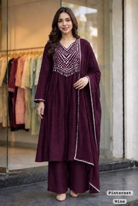 Ensemble Kurti couleur vin avec dupatta pour femme, coupe ample traditionnelle, longueur au sol, tenue décontractée, style Inde Pakistan - Product Image 3