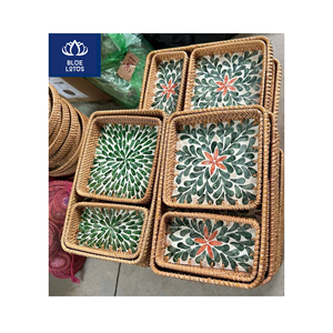 EN STOCK Bandeja de Ratán Ecológica, Segura y Limpia, con Incrustaciones de Concha Natural, Ideal para Decoración de Mesa y Exhibición de Alimentos, Precio Directo - Product Image 1