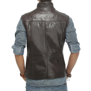 <b>Men's</b> Dark Brown Leather <b>Vest</b> Turn-down Collar Zipper Closure Solid Color Breathable Workwear Style Winter Outer Wear Regular - Product Image 4