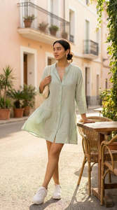 Vestido Midi de Mezclilla para Mujer, Estilo Veraniego, con Manga 3/4, Cuello en V, Abertura Central, Cierre de Botones, Color Menta - Product Image 6