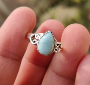 Bague en larimar naturel, argent sterling 925, cabochon en forme de larme, bijoux en pierres précieuses faits à la main - Product Image 3