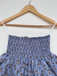 Blue Floral Printed Cotton Mini <b>Skirt</b> Women Stretch Smocked Waist Double Tier Flared Boho Vacation Casual <b>Summer</b> Wear Supplier - Product Image 3