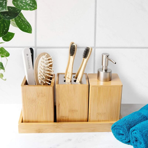 Natural Bamboo Wooden Bathroom Accessories Set Luxury Bathroom Organizer Collection With Soap Dispenser <b>Toothbrush</b> <b>Holder</b> Box - Product Image 4