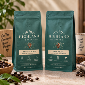 HIGHLAND COFFEE Classic Roast 250g Stand up <b>Pouch</b> Zipper Top Laminated Packaging Eco-Friendly Ethically Sourced Arabica Beans - Product Image 1