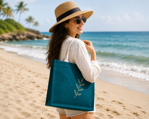 Teal Jute Tote <b>Bag</b> With Gold Leaf Embroidery <b>Medium</b> <b>Size</b> Daily Shopping <b>Bag</b> - Product Image 4