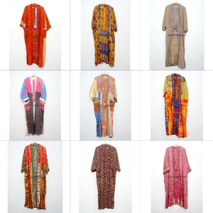 Handmade Luxury Silk Patchwork V-neck Drawstring Closure Full Length Soft Breathable Quick Dry Gown Lounge Wear Kimono Women - Product Image 1