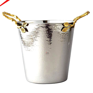 Stainless Steel Hammered Wine <b>Beer</b> & Cooler Bucket for Party Use with Golden Handle Champagne Chiller - Product Image 1