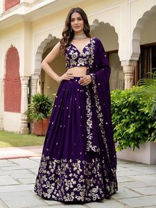Women's <b>Sequins</b> and Thread Embroidered Work Georgette Lehenga Choli With Dupatta (6015-Purple-Women-Lehenga-Choli-Latest - Product Image 3