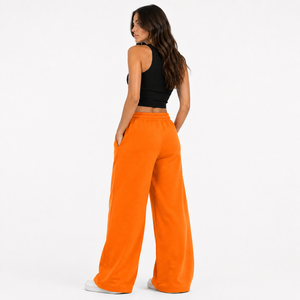 Women Fleece Wide Leg <b>Pants</b> Mid Waist <b>Loose</b> Fit Flat Front Casual Full Length Sweatpants with Pockets Winter Orange - Product Image 4