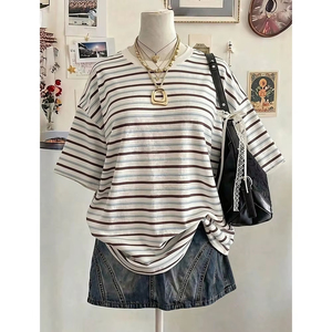 Nouveau design, t-shirt décontracté à rayures imprimées numériquement, coupe oversize mi-longue, col rond, épaules tombantes, pour femme, vêtement de sport, t-shirt oversize - Product Image 5