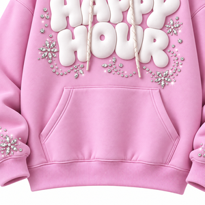 <b>Pink</b> Winter Oversized Heavyweight 100% Cotton Discharge Pullover Hoodie Pocket Embroidered Rhinestone Embellishments Unisex - Product Image 4