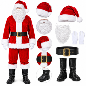 Traje Festivo de Santa Claus para Navidad, Completo con Abrigo de Terciopelo Rojo, Pantalones, Gorro de Santa Claus, Cinturón, Barba, Guantes y Cubrecalzados para las Fiestas - Product Image 1