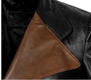 Chaqueta de Cuero para Hombre con Bloques de Color Marrón y Negro, Cuello Camisero y Cierre de Cremallera - Product Image 4