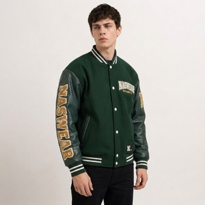 Wholesale Premium Quality Men's Green Varsity <b>Jacket</b> PU <b>Leather</b> Sleeves Chenille Patches Preppy Style Men Varsity <b>Jacket</b> - Product Image 4