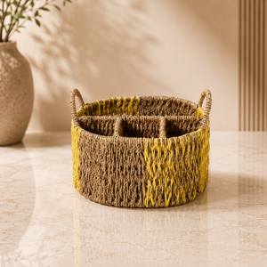 Handmade Natural <b>Rattan</b> <b>Storage</b> Basket with Yellow Rope Oval Shape with Handles for Multi-Purpose Neatening - Product Image 1