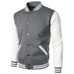 Men's Gray Varsity <b>Jacket</b> With <b>White</b> Sleeves And Striped Trim Casual Button-Up Outerwear Autumn Wear - Product Image 6