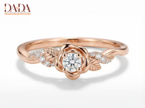 Bague en or pour femme avec diamant, bague de fiançailles florale, diamant taille ronde, design feuille, bijoux fins - Product Image 3