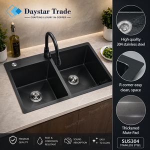 Daystar Trade Modern Design Stainless Steel Double Bowl Handmade Kitchen Sink Faucet Two-Hole SUS304 Bottom Black Undermount - Product Image 3