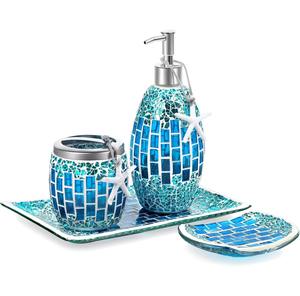 Juego de Accesorios de Baño de Vidrio Azul con Diseño de Mosaico de Conchas Marinas, Perfecto para el Tocador, Baño de Invitados o Cuarto de Baño - Product Image 1