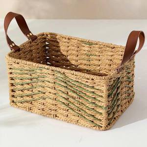 Cesta de almacenamiento decorativa de junco marino con asas de cuero, organizador de estantería rústico para decoración de mesas en guarderías y hogares - Product Image 1