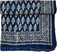 Couette traditionnelle en coton indigo Kantha Silkgram, motif floral bleu, cousue à la main, écologique, 300 fils au pouce carré, décoration intérieure