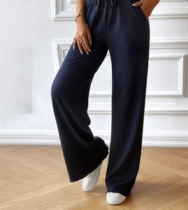 Pantalon droit décontracté en toile pour femme, taille élastique, couleur unie, style automne, avec lacets et poches - Product Image 4