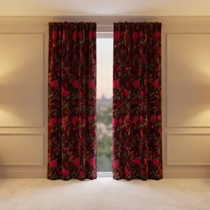 Rideaux en velours de coton rouge vin style vintage, imprimé floral et oiseaux, style bohème, velours de coton de haute qualité pour la décoration de votre maison - Product Image 4